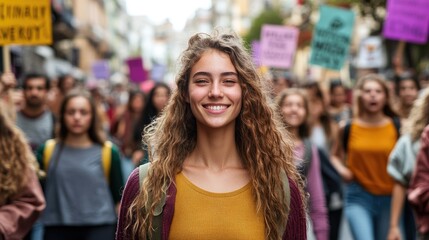 Empowered woman leading protest, advocating social change with confident expression