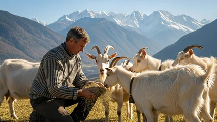 Mountain pasture provides idyllic setting as farmer nurtures goats, fostering connection between man and animal against backdrop of majestic snow-capped peaks