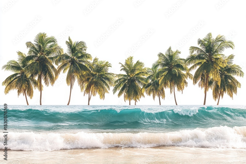 Poster tropical coastline with palm trees and ocean waves at sunny beach paradise, capturing a serene coast