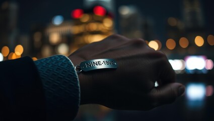 Close-up of wrist wearing 'NINE-19VE' bracelet in urban night setting