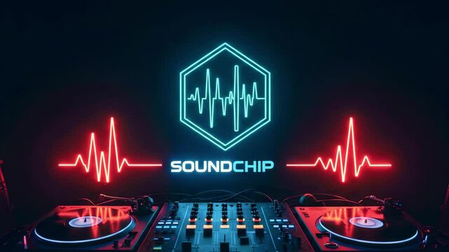 Neon-lit DJ setup featuring turntables and a vibrant soundwave logo in a dark club atmosphere