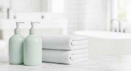 Fototapeta premium Spa Serenity Mint Lotion Fluffy Towels in a Bright Bathroom Scene.