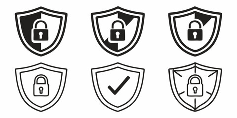Collection of six security shield icons with varying lock and checkmark symbols displayed in black design vector