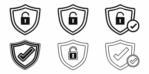 Illustration of security shields with open padlock and check mark in black and white security icons set design vector