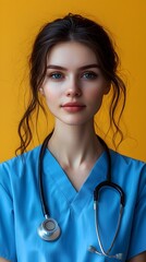 Senior Woman in Blue Scrub Suit with Stethoscope