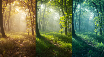 Obraz premium Mystical Forest Path: A Trilogy of Sunrise, Noon, and Twilight Hues
