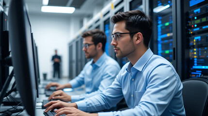 Close up of manager supervising admin using computer in data center office, integrating AI driven automation tools. Server farm team leader and worker use artificial intelligence deep learning models