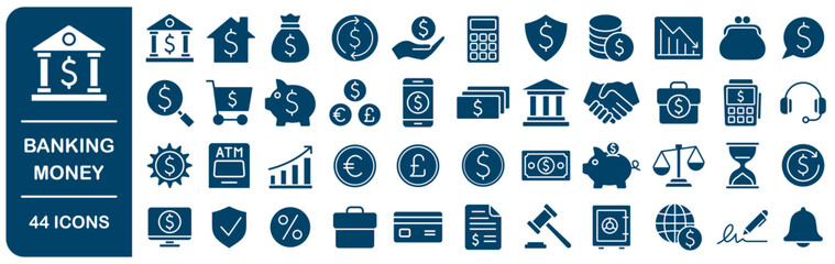 Money and banking icons set. Personal finance icon collection. Budget, savings, expense, income, loan, dollar, euro, pound. Vector illustration image. Isolated on white background.