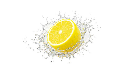 Zesty Burst: A single lemon halves creates a dynamic splash of water, revealing its juicy interior and refreshing essence, all captured in a photorealistic image