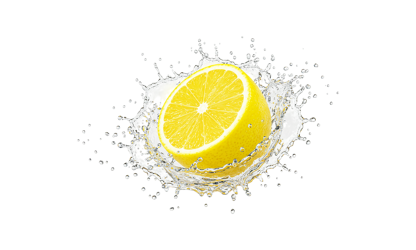 Zesty Burst: A single lemon halves creates a dynamic splash of water, revealing its juicy interior and refreshing essence, all captured in a photorealistic image