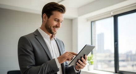 Fototapeta premium Man in suit using tablet standing by the window smiling indoors