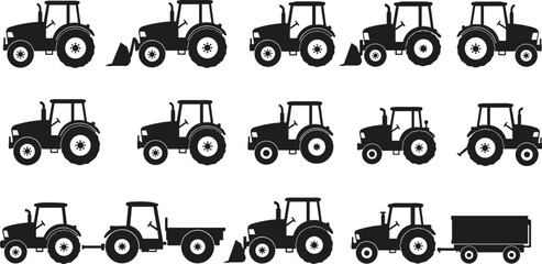 Collection of black tractor silhouette icons with various attachments and trailers, vector illustration set of agricultural vehicles for farming, transport, construction, rural work