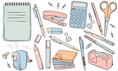 School and Office Supplies Collection. Back to School Stationery Kit. Color Line Vector Illustrations. 