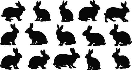 Collection of rabbit silhouette icons in various sitting and jumping poses, black bunny vector illustrations isolated on white background, wildlife, cute, pet animal design