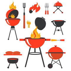 BBQ barbecue and grill related flat vector icons set isolated on white background.