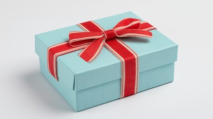 Fototapeta premium Blue Gift Box with Red Ribbon Holiday or birthday concept isolated white background.