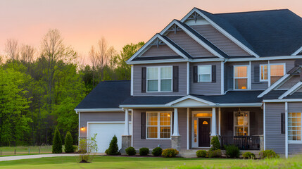 Modern suburban home with clean lines in golden light, conveying serene contemporary living