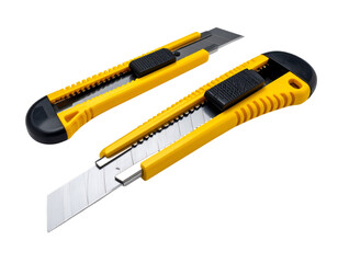 Precision Tools: A duo of yellow utility knives, perfectly poised for detailed work, gleaming under bright light, with their sharp blades ready to cut through any task.