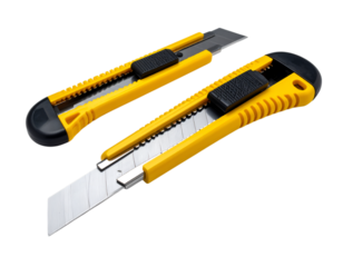 Precision Tools: A duo of yellow utility knives, perfectly poised for detailed work, gleaming under bright light, with their sharp blades ready to cut through any task.