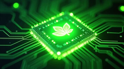 Green glowing chip with leaf symbol shows technology and nature connection future environmental conservation or sustainable innovation concept.