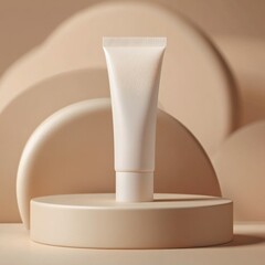 Tube of cosmetic product on podium on beige background, with space for text