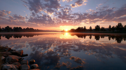 Stunning timelapse of sunrise over peaceful lake, showcasing vibrant colors and serene reflections