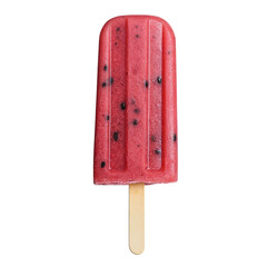 A vibrant pink berry popsicle with visible fruit seeds on a wooden stick. This refreshing, homemade ice lolly is isolated on a clean, white background, evoking a perfect, delicious summer treat.