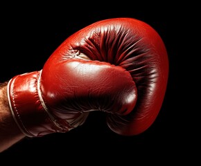 Man in boxing glove on dark background, close up. Space for text