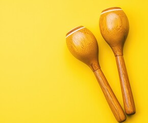 Wooden maracas on a yellow background. Space for text