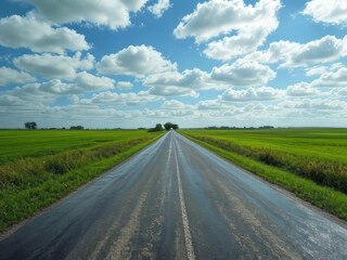 Fototapeta premium Straight Rural Road Through Green Fields Under Blue Sky with Clouds