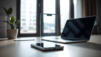 Modern smartphone displayed on desk next to laptop with plant nearby  