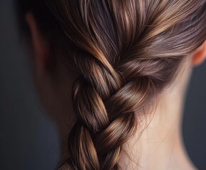 Beautiful female. Long brown hair braided in a hairstyle with a braid.