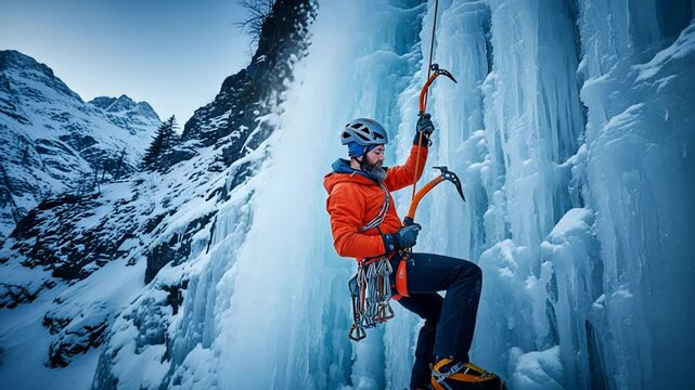 Mountain climber using ice axes and crampons ascends frozen waterfall, demonstrating skill, strength, and determination in challenging winter conditions