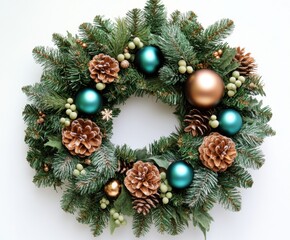 Natural Christmas wreath with green pine branches and baubles