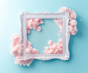 White vintage frame on pastel blue background with abstract pink clouds