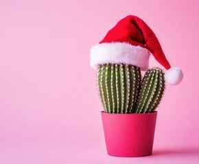Tropical summer cactus in Santa hat on pink background with space for text