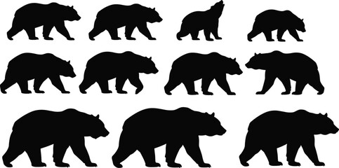 Silhouette set of walking bears, wild animal collection, bear shapes in different poses, black bear clipart, wildlife illustration for design, print, and animation