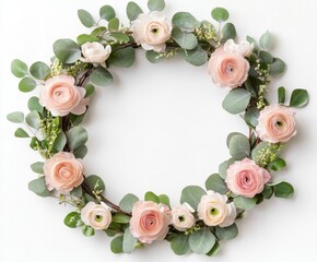 Frame of eucalyptus branches and rose flowers on a white background.