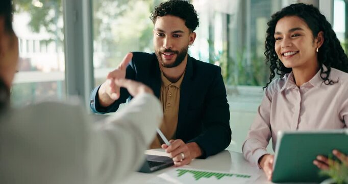 Job interview, handshake and business people in office, recruitment and agreement for contract. Candidate, human resource management or employee in workplace, shaking hands or hiring with partnership