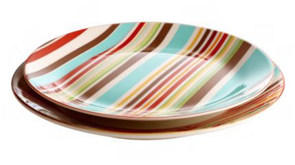 Two empty plates with colorful stripes are creating a vibrant and playful tableware setting, perfect for adding a touch of cheer to any meal, on transparent background