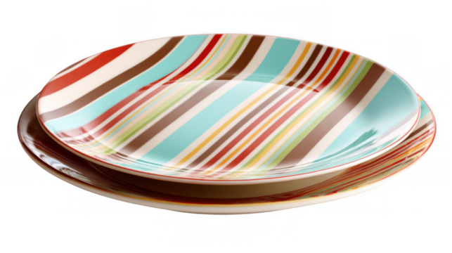 Two empty plates with colorful stripes are creating a vibrant and playful tableware setting, perfect for adding a touch of cheer to any meal, on transparent background