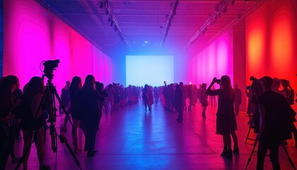 People attending colorful light installation at an art show, viewing and photographing the exhibit, with photographers and cameras on tripods