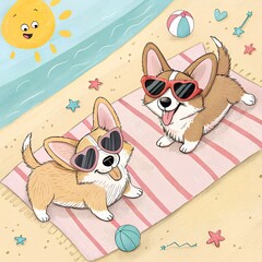 Cute Corgis Relaxing on a Sunny Beach