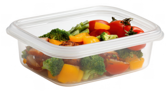 Clear plastic container holding leftover cooked chicken, broccoli florets, halved cherry tomatoes, sliced yellow bell peppers, and green beans, highlighting healthy meal prep