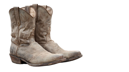 Close up of dusty, worn cowboy boots isolated on a transparent background, evoking the spirit of the wild west and a rugged, adventurous lifestyle