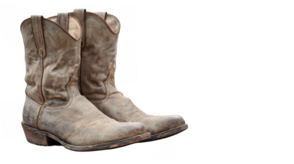 Close up of dusty, worn cowboy boots isolated on a transparent background, evoking the spirit of the wild west and a rugged, adventurous lifestyle