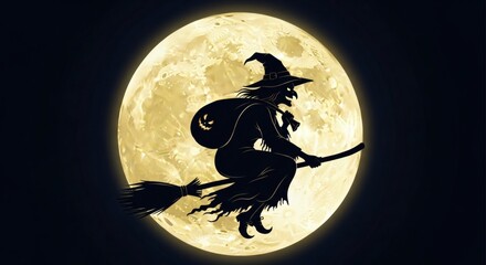 Witchs Flight Broom Ride in Moonlight  Halloween Magic.