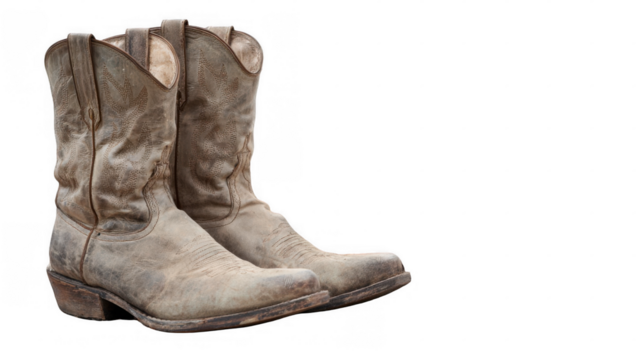 Close up of dusty, worn cowboy boots isolated on a transparent background, evoking the spirit of the wild west and a rugged, adventurous lifestyle