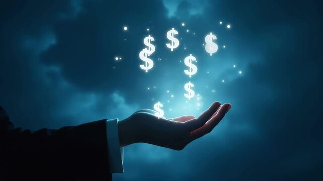 A hand holds glowing dollar signs against a stormy background illustrating wealth finance and potential profits or investments.