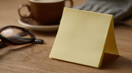 Retirement and goal setting concept ,yellow sticky note wooden table with cup of coffee and sunglasses nearby, creating cozy